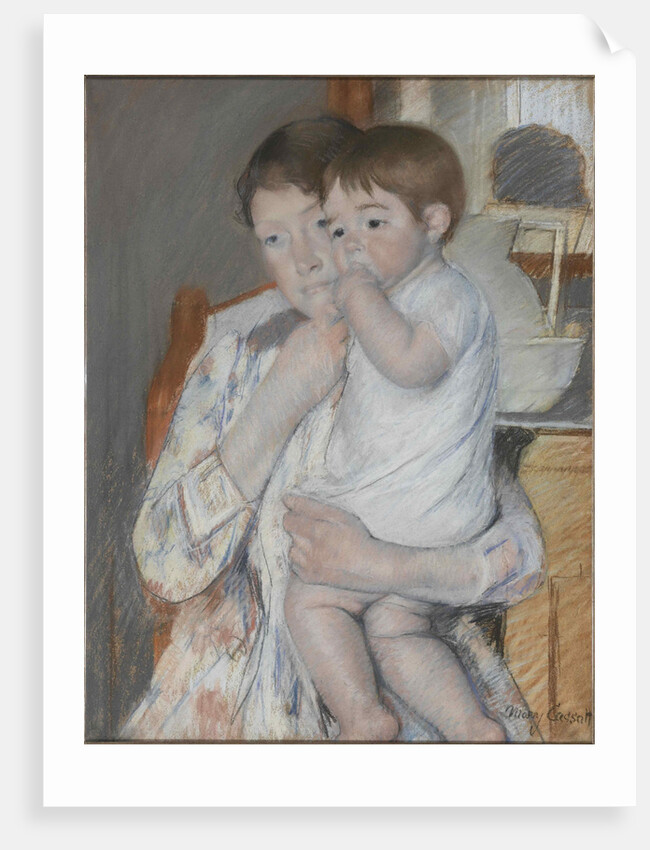 Femme et enfant devant une tablette où sont posés un broc et une cuvette, c. 1889 by Anonymous
