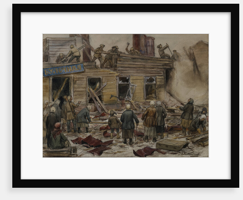 Workmen demolishing wooden houses for fuel, 1920 by Anonymous