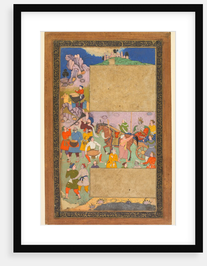 A charioteer riding through a rocky landscape with an entourage of footmen and musicians…, 1616-16 by Yusuf Ali (attributed to)