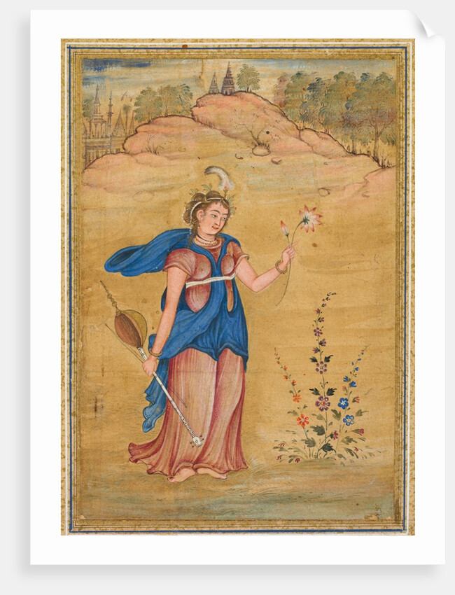 A female figure standing in a landscape holding a four-stringed 'khuuchir' and a lotus, c. 1590 by Unknown