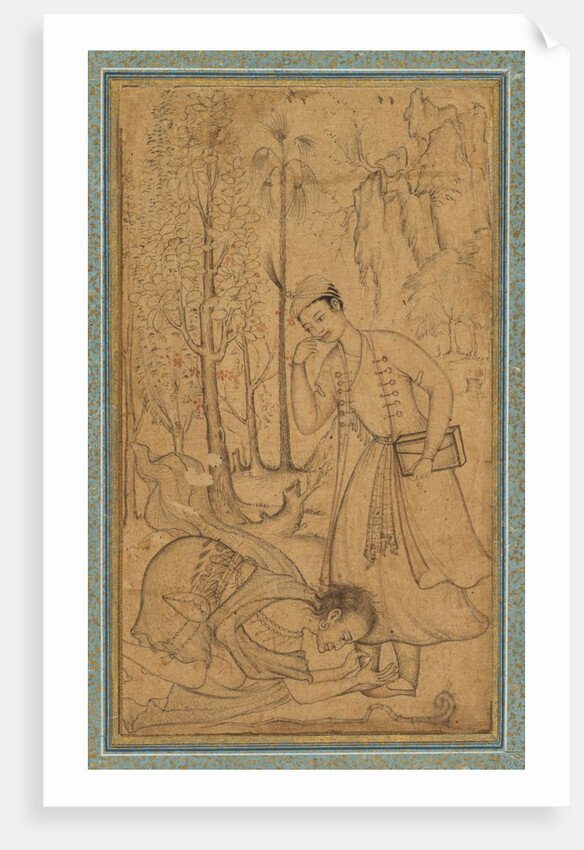 A Holy Man Prostrating Himself Before a Learned Prince, c. 1585; border added probably 1700s by Manohar and Basavana (attributed to)