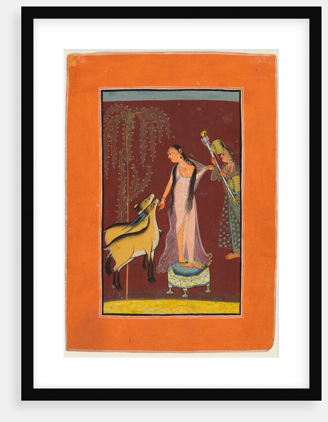 A Lady with Attendant and a Pair of Deer, probably Gujari Ragini of Dipak, from a Pahari Ragamala, 1 by Unknown