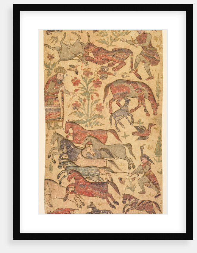 A marbled picture of Rustam catching Rakhsh, c. 1650 by Shafi (attributed to)