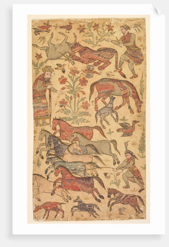 A marbled picture of Rustam catching Rakhsh, c. 1650 by Shafi (attributed to)