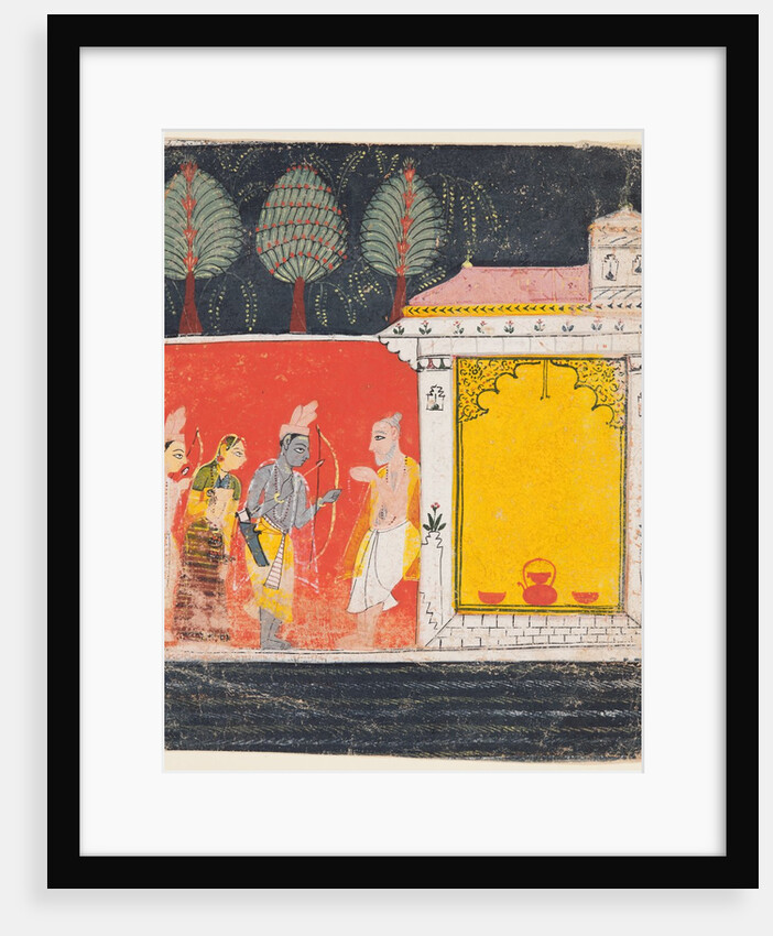 A page from a Ramayana: A night scene of Rama, Lakshman and Sita before the rishi…, c. 1650 by Unknown