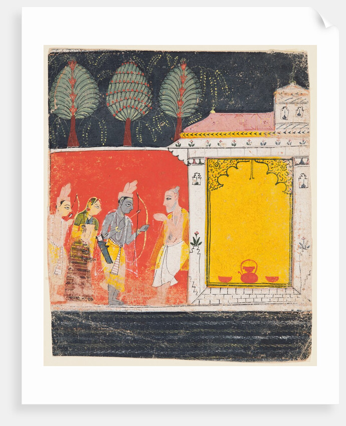 A page from a Ramayana: A night scene of Rama, Lakshman and Sita before the rishi…, c. 1650 by Unknown