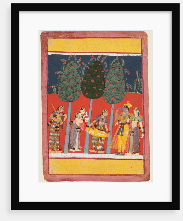 A page from a Rasikapriya series: Krishna and Radha and the Sakhis with musical instruments, c. 1650 by Unknown