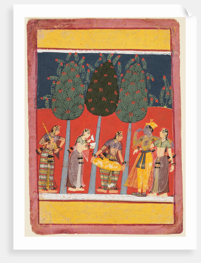 A page from a Rasikapriya series: Krishna and Radha and the Sakhis with musical instruments, c. 1650 by Unknown