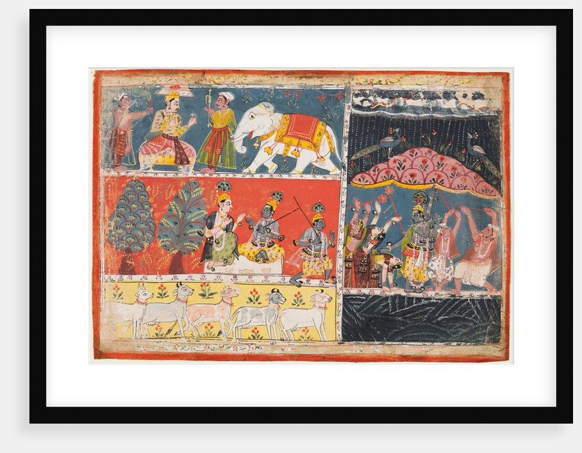 A page from the Bhagavata Purana: Indra sends a torrent of rain; Krishna lifts Mt. Govardhana, 1686 by Unknown