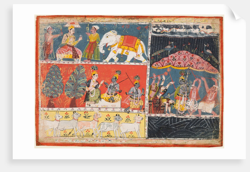 A page from the Bhagavata Purana: Indra sends a torrent of rain; Krishna lifts Mt. Govardhana, 1686 by Unknown