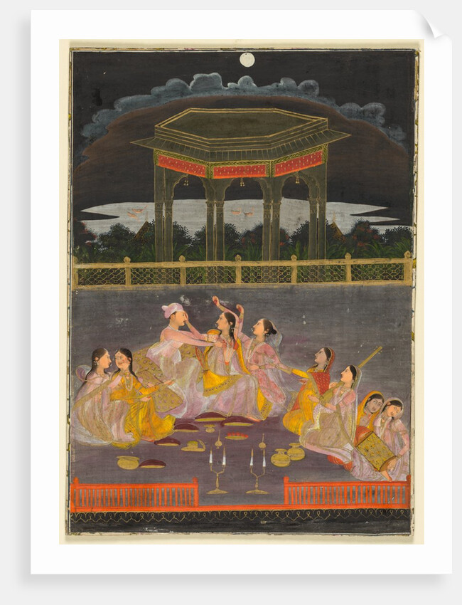 A prince celebrating Holi with palace women on a terrace at night; verso: calligraphy of a quatrain, by Unknown