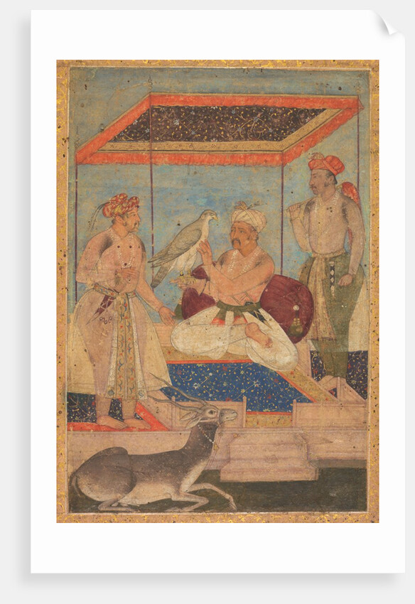 Akbar and Jahangir Examine a Ghir Falcon while Prince Khusrau Stands Behind, c. 1602-1604 by Unknown