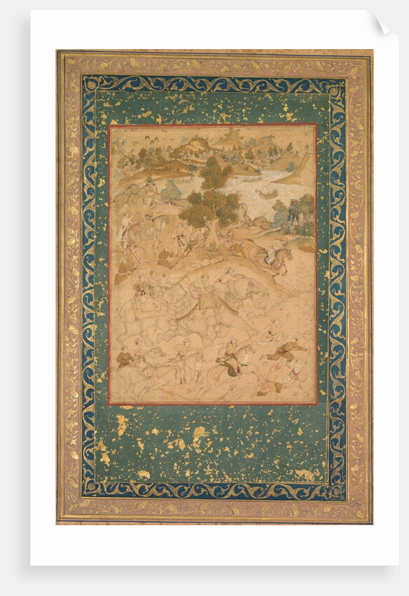 Akbar supervising the capture of wild elephants at Malwa in 1564, painting 90…, c. 1602-3 by Farukh Chela