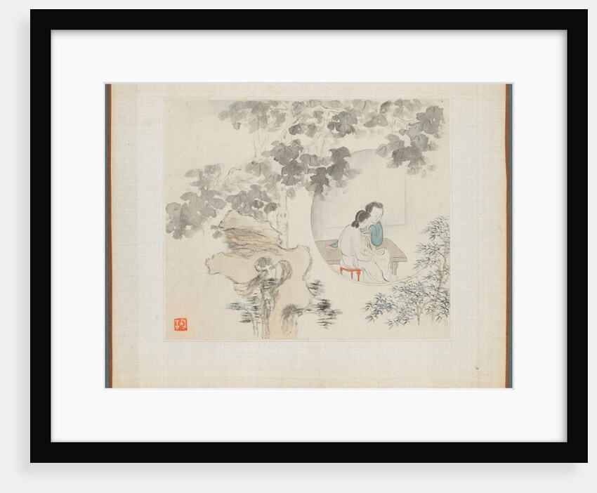Album of Landscape Paintings Illustrating Old Poems: Two Women Sit at a Table…, 1700s by Hua Yan