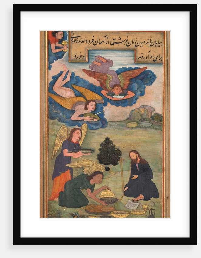 Angels bring food to Jesus in the wilderness, from a Mir?at al-quds of Father Jerome Xavier…, 1602 by Unknown