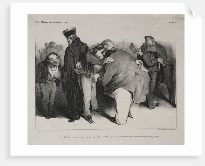 Caricature, plate 439: We are all honest men, so let us embrace and be done with it, 1834 by Honoré Daumier; Aubert