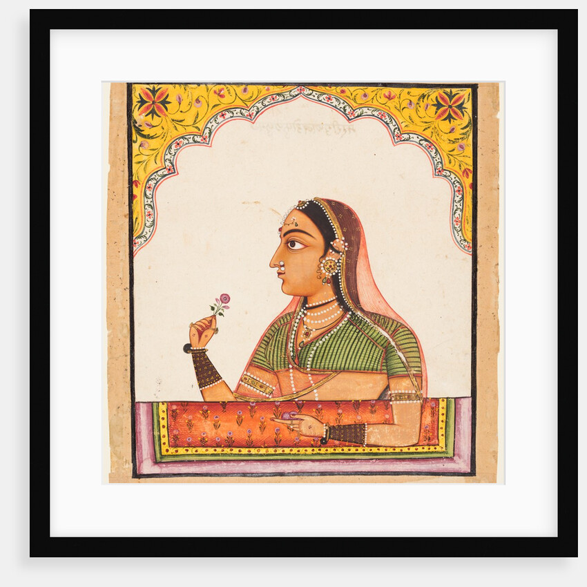 From a series of female portraits: A lady at a jharoka window holding a rose, c. 1730 by Unknown