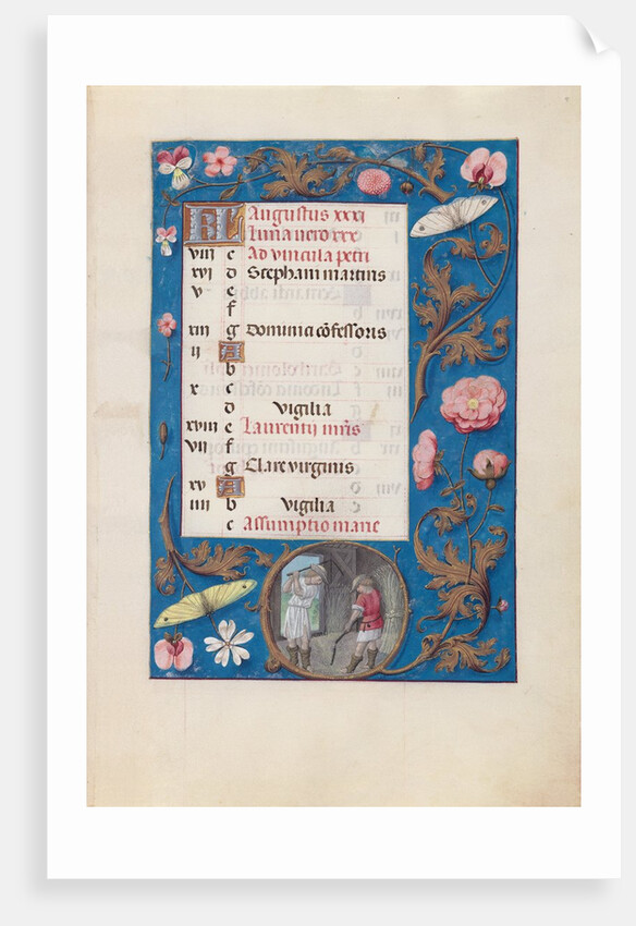 Hours of Queen Isabella the Catholic, Queen of Spain: Fol. 9r, August - Threshing Wheat, c. 1500 by Master of the First Prayerbook of Maximillian
