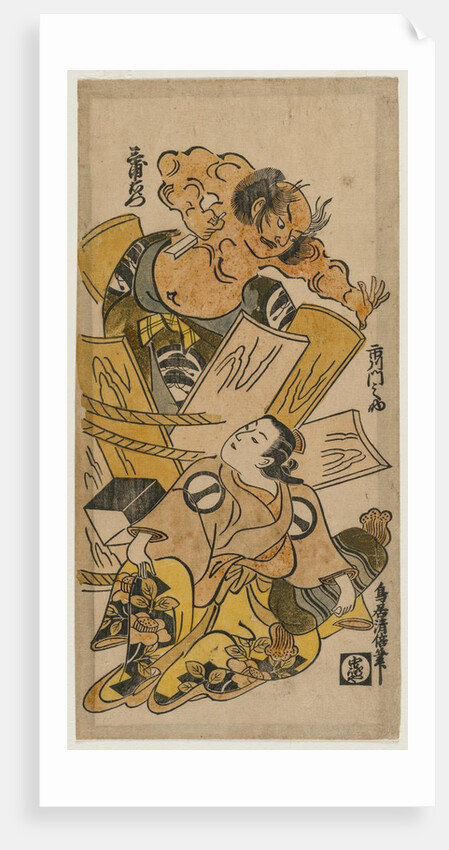 Ichikawa Monnosuke as a Courtesan and Nakajima Mioemon Bursting Out of a Barrel, c.early 1720s by Torii Kiyomasu