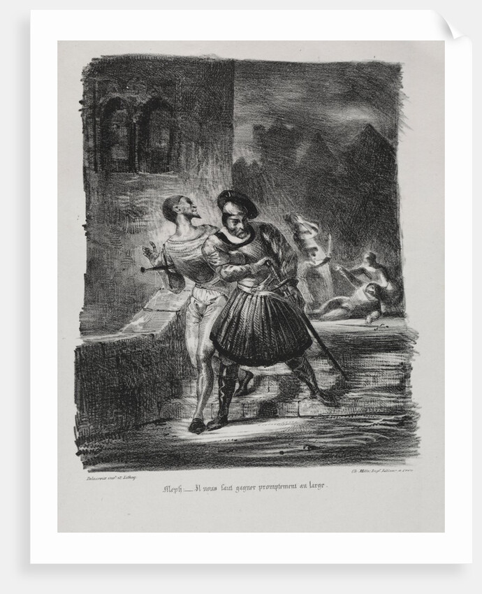 Illustrations for Faust: Méphistophélés and Faust flee after the duel, 1828 by Eugène Delacroi