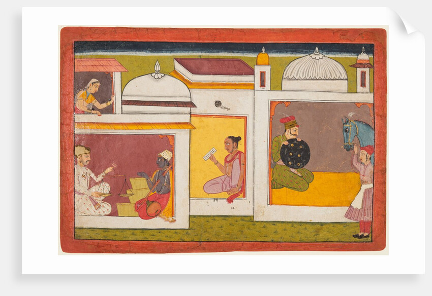 Inside a building, Madhava sits facing a man holding a scale, from a Madhavanala…, c. 1700 by Unknown