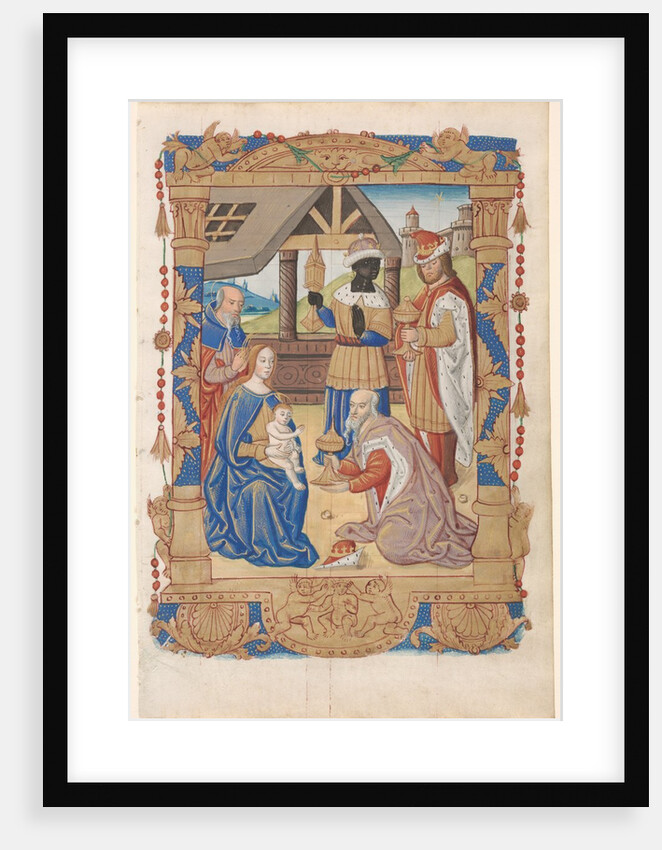 Leaf from a Book of Hours: Adoration of the Magi and Text with Illustrated Border.. by Unknown