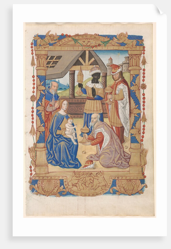Leaf from a Book of Hours: Adoration of the Magi and Text with Illustrated Border.. by Unknown