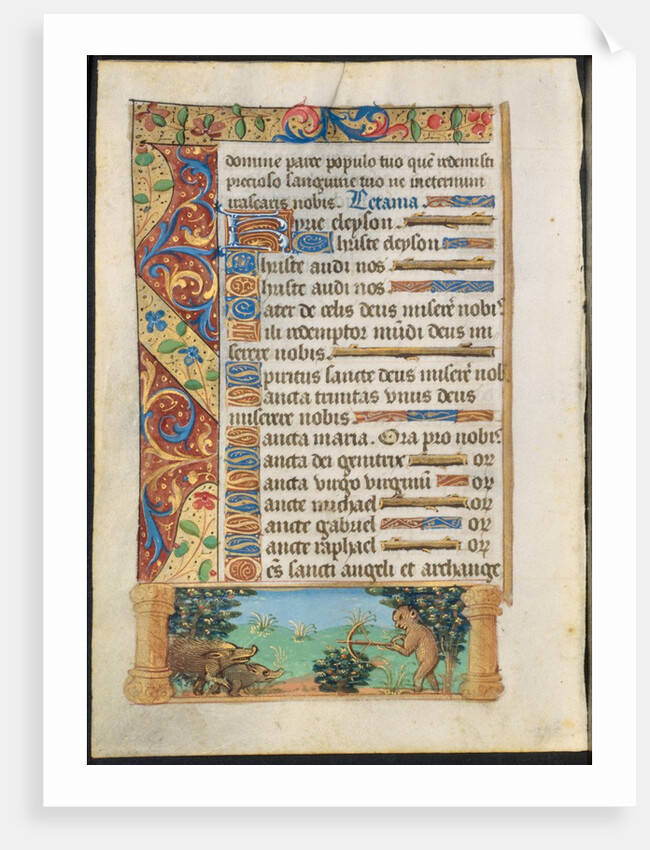 Leaf from a Book of Hours: Ape Hunting Wild Boars and Ape Fishing, c. 1500-1510 by Unknown