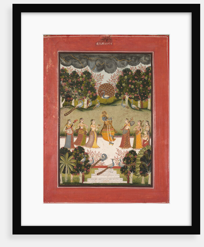 Malar Ragini: Krishna Playing the Flute to Seven Gopis Holding Musical Instruments…, c. 1760 by Unknown