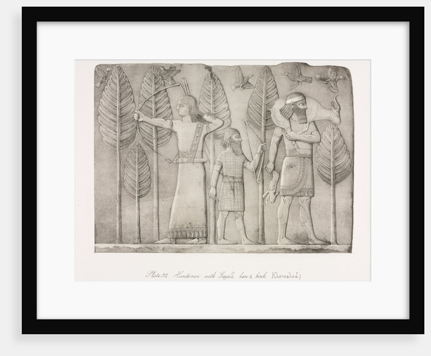 Monuments of Ninevah: Plate 32, Huntsmen with Gazelle, Hare and Birds, 1853 by Austen Henry Layard