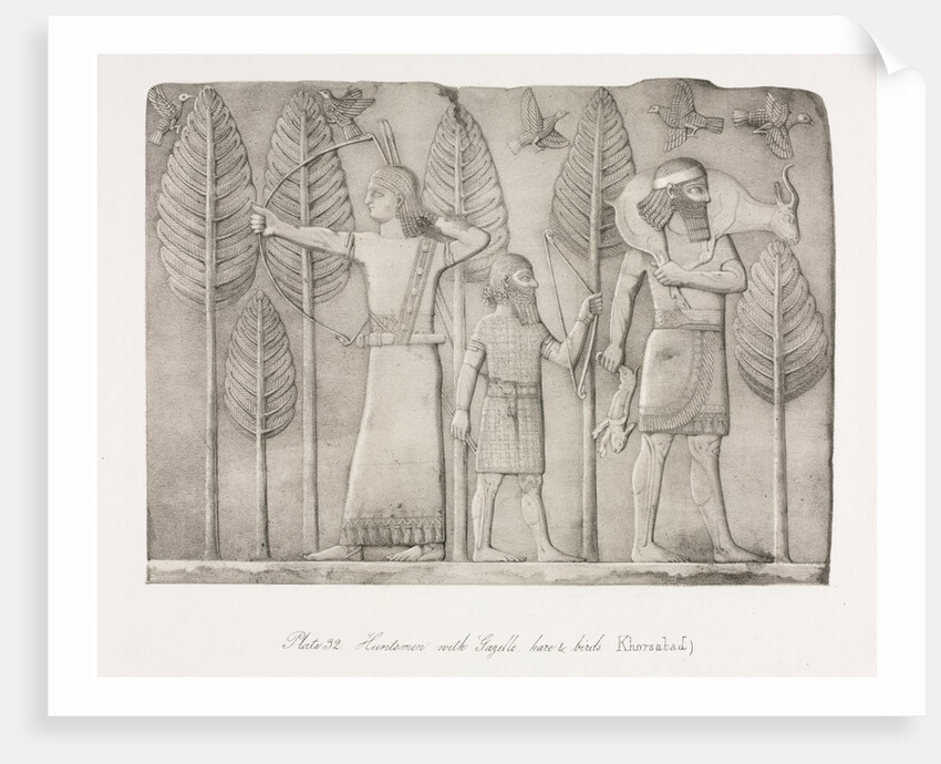 Monuments of Ninevah: Plate 32, Huntsmen with Gazelle, Hare and Birds, 1853 by Austen Henry Layard