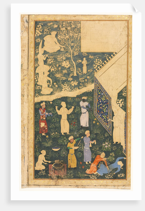 Musicians and Servants Outside a Royal Encampment, c. 1485 by Bihzad (style of)