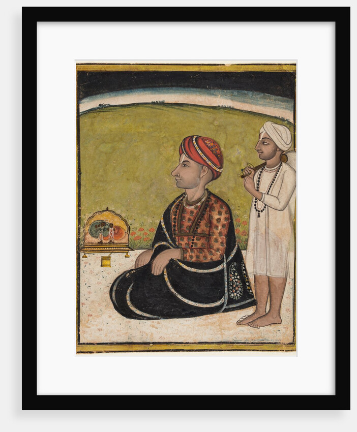 Noble seated on an outdoor parapet worshiping a shrine of Krishna fluting, c. 1800 by Unknown