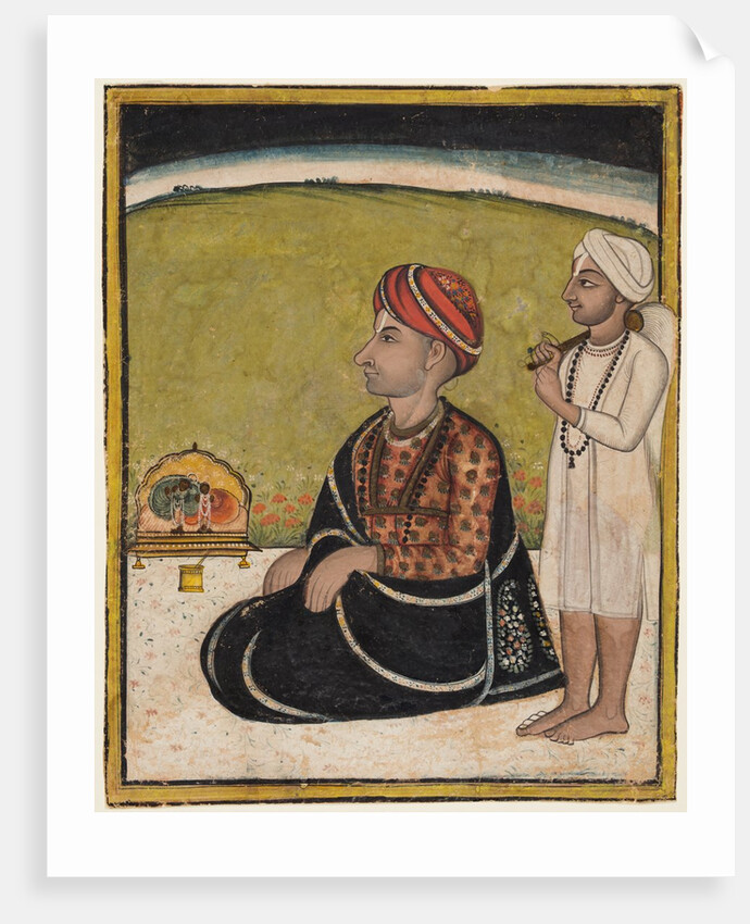 Noble seated on an outdoor parapet worshiping a shrine of Krishna fluting, c. 1800 by Unknown