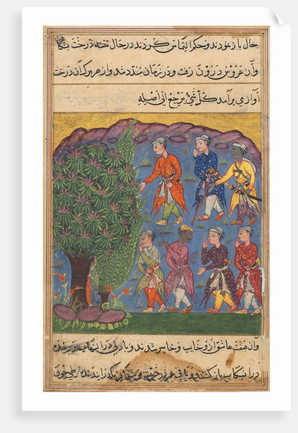 Page from Tales of a Parrot: Sixth night: Seven men disputing possession…, c. 1560 by Unknown