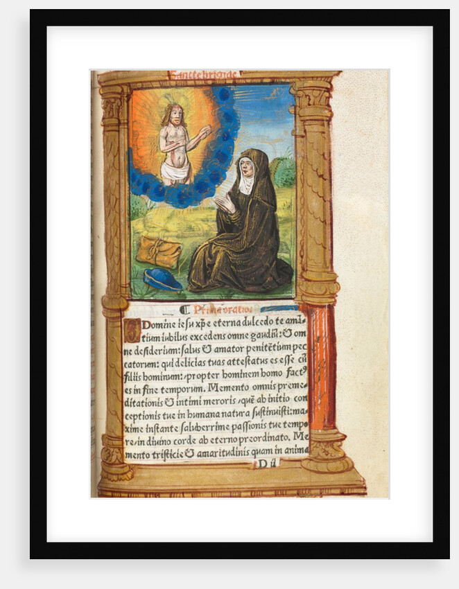 Printed Book of Hours: fol. 90r, St. Bridget in Prayer before an Apparition of Christ, by Guillaume Le Rouge