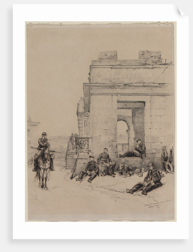 Soldiers Resting Sketch of a Man with Upraised Arm and Sketch of a Helmet, 1878 by Édouard Detaille