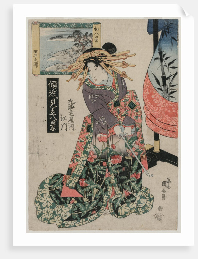 The Courtesan Emon of Maruebiya with a View of Tago Bay…, c. late 1820s or early 1830s by Ipposai Kuniyasu