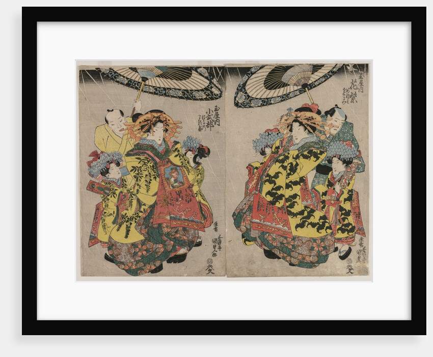 The Courtesans Hanamurasaki and Koshikibu of the Tamaya Promenading in the Rain, c. early 1830s by Gototei Kunisada