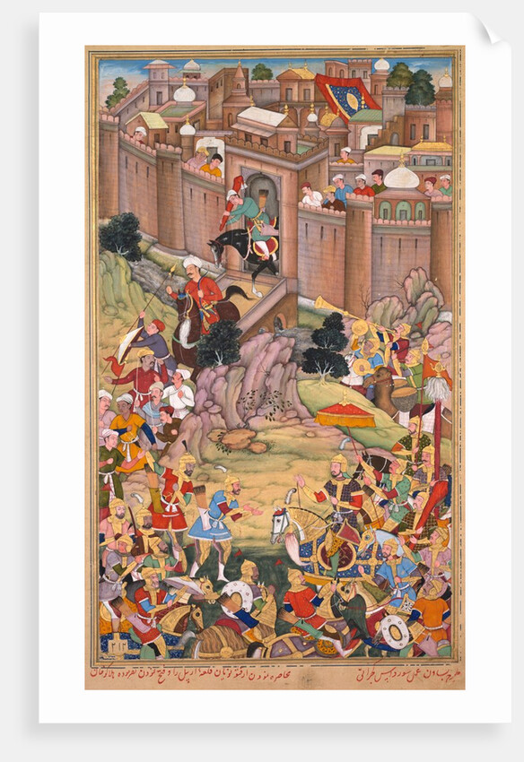 The siege of Arbela in the era of Hulagu Khan, page from a Chingiz-nama…, c. 1596 by Basavana; Sur Das