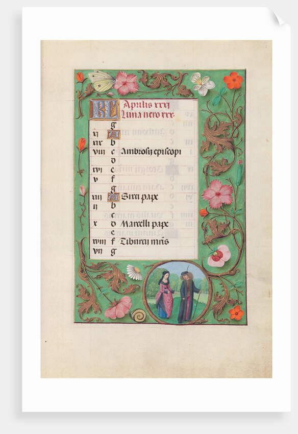 Hours of Queen Isabella the Catholic, Queen of Spain: Fol. 5r, April - Squire and Damsel, c. 1500 by Master of the First Prayerbook of Maximillian