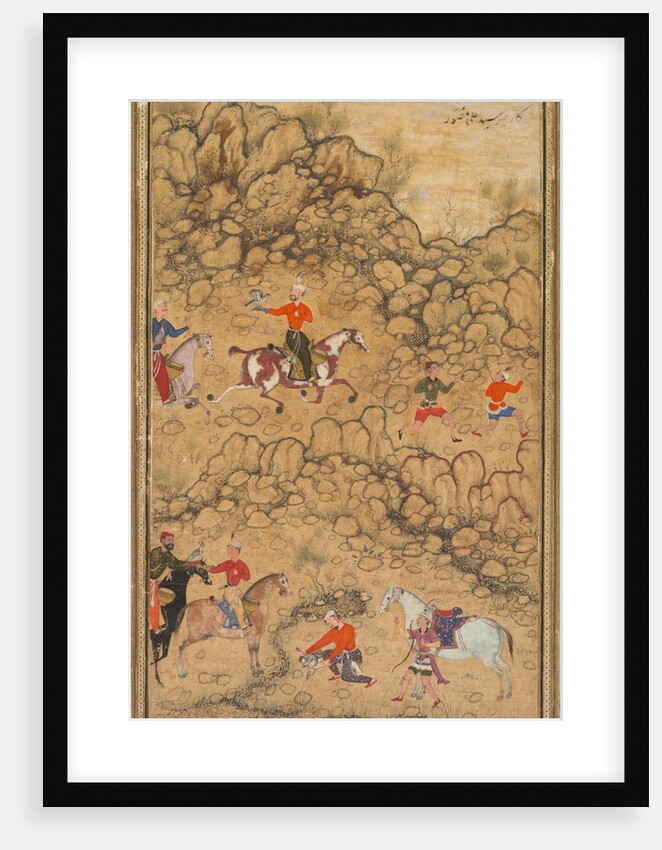 Hunting with falcons in a landscape; Verso: Calligraphy of Chaghatai Turkish poems…, c. 1558-60 by Abd al-Samad (attributed to)