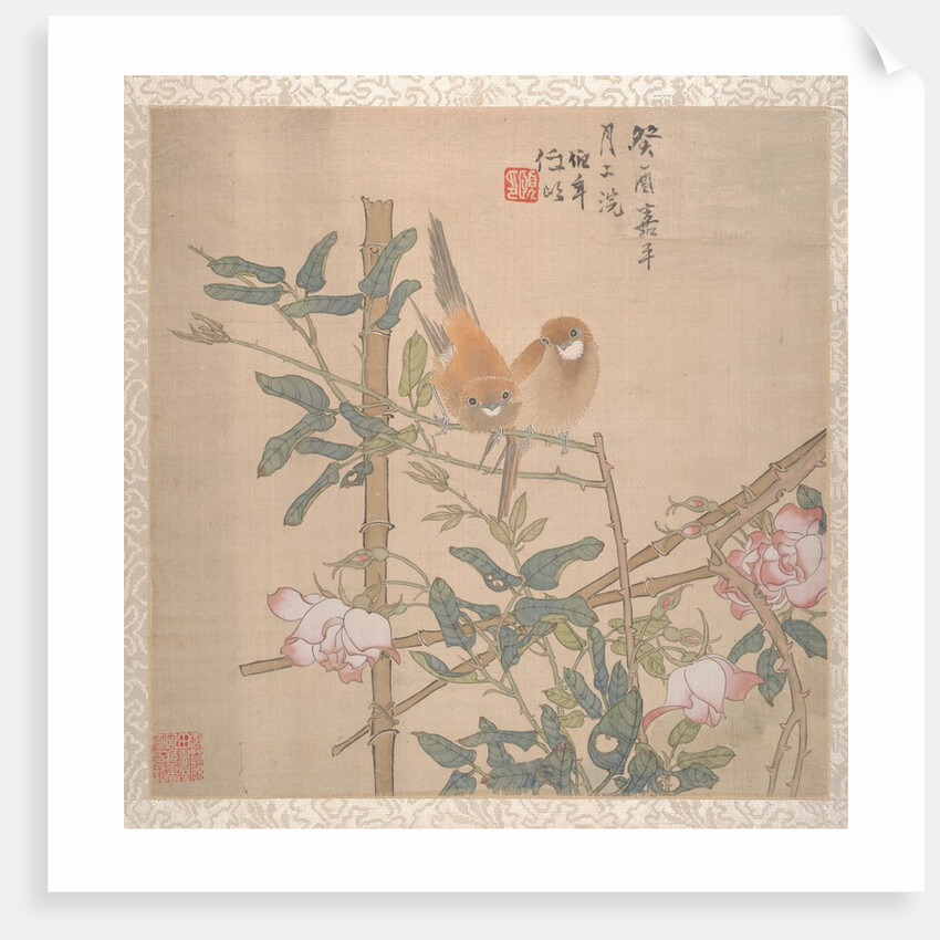 Two Birds Perched on a Flowering Rose Bush, late 19th century by Ren Yi