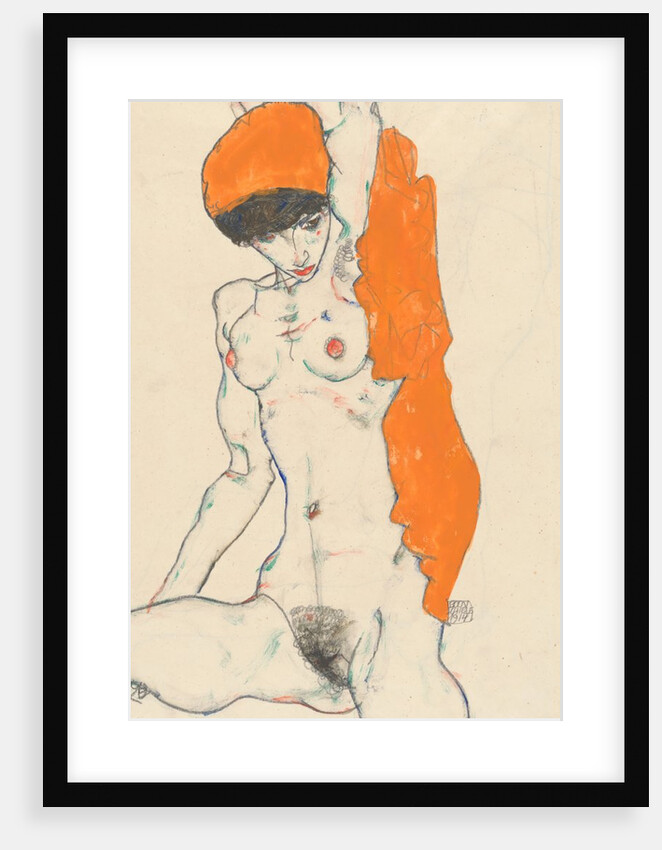 Standing Nude with Orange Drapery: Study of Nude with Arms Raised, 1914 by Egon Schiele