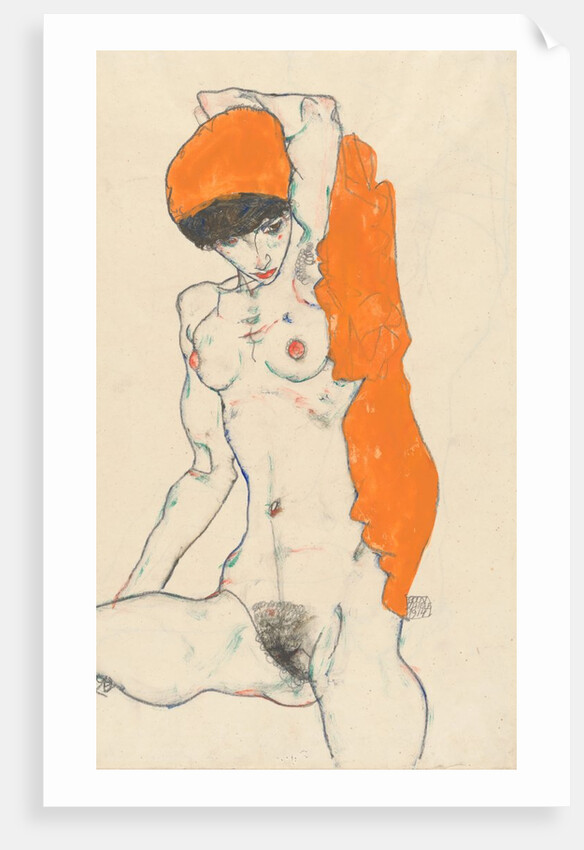 Standing Nude with Orange Drapery: Study of Nude with Arms Raised, 1914 by Egon Schiele
