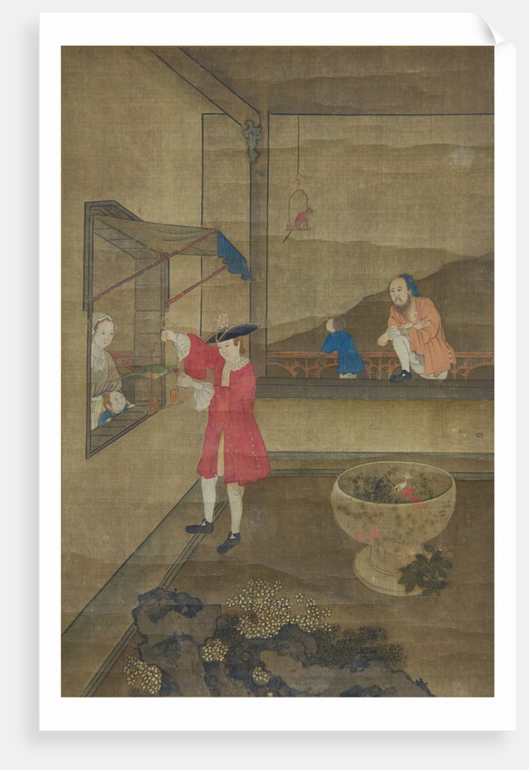 European Couple and Child Playing with Parrot, 18th century by Unknown