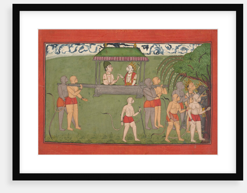 Lakshmana and Sugriva Being Carried by Palanquin to Receive Rama's Blessings…, ca. 1710-25 by Unknown