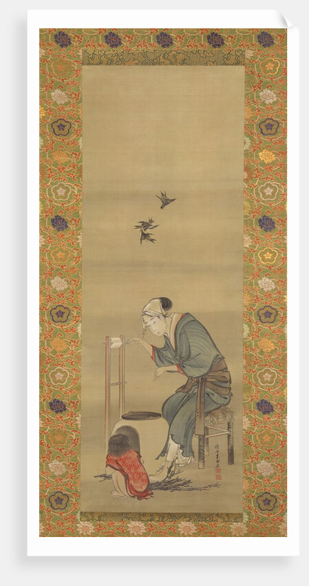 Woman Spinning Silk, dated 1790 by Hokusai