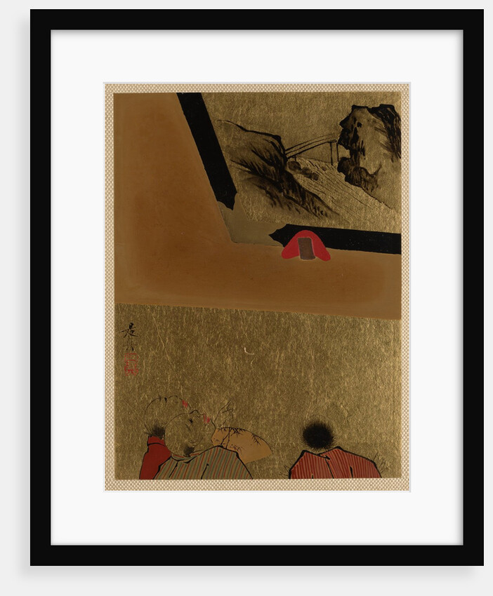 Three Men Looking at Framed Lacquer Drawing by Shibata Zeshin