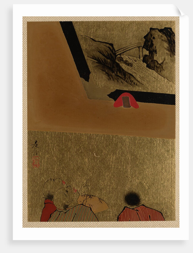 Three Men Looking at Framed Lacquer Drawing by Shibata Zeshin